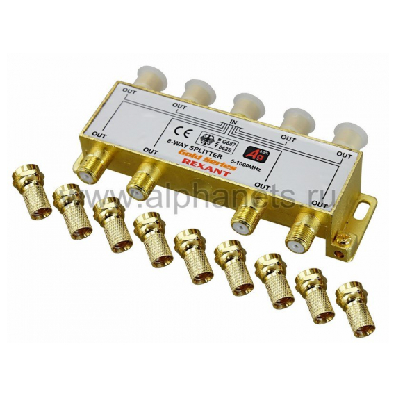 05-6105-1 ДЕЛИТЕЛЬ ТВ x 8 + 9шт. F "BOX" 5-1000 МГц "GOLD" REXANT (Цена за шт., в уп. 5 шт.)