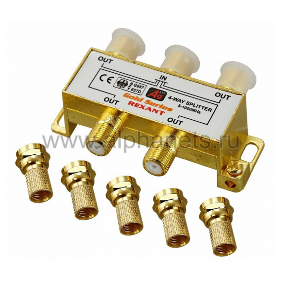 05-6103-1 ДЕЛИТЕЛЬ ТВ x 4 + 5шт. F "BOX" 5-1000 МГц "GOLD" REXANT (Цена за шт., в уп. 10 шт.)