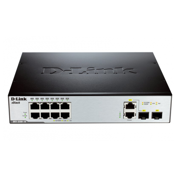 DES-3200-10/RPS Управляемый коммутатор 2 уровня с 8 портами 10/100Base-TX, 1 портом 100/1000Base-X SFP и 1 комбо-портом 100/1000Base-T/SFP с разъемом для внешнего блока питания