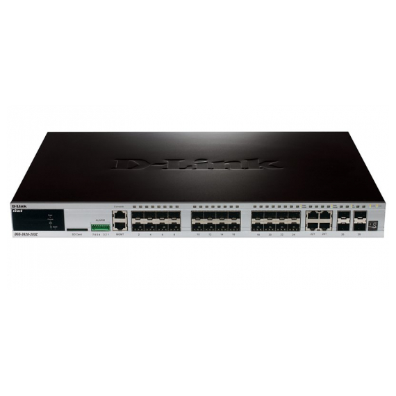 DGS-3620-28SC/UPS Управляемый стекируемый коммутатор уровня 3 с 20 портами SFP, 4 комбо-портами 10/100/1000BASE-T/SFP, 4 портами SFP+ с блоком питания с функцией UPS