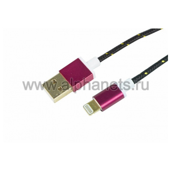 18-4245 USB кабель для iPhone 5/5S/5C, шнур в тканевой оплетке, черный REXANT (Цена за шт.,в уп.10 шт.)