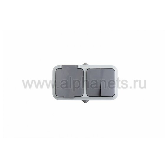 78-0530 Выключатель двухклавишный + розетка с заземляющим контактом  влагозащищенный для открытой установки Rexant IP 54