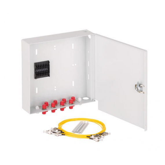 NMF-WP08FCUS2-OB-GY Оптический кросс NIKOMAX настенный, укомплектованный на 8 портов FC/UPC, SM 9/125 OS2, стальной, с ключом, серый, в комплекте: адаптеры, монтажные шнуры 1м, ложемент и КДЗС