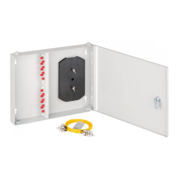 NMF-WP16FCUS2-IB-GY Оптический кросс NIKOMAX настенный, укомплектованный на 16 портов FC/UPC, SM 9/125 OS2, стальной, с ключом, серый, в комплекте: адаптеры, монтажные шнуры 1м, сплайс-кассета с крышкой и КДЗС