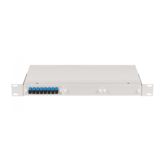 NMF-RP08SCUS2-WS-1U-GY Оптический кросс NIKOMAX 19", 1U, укомплектованный на 8 портов SC/UPC, SM 9/125 OS2, стальной, серый, в комплекте: адаптеры, монтажные шнуры 1м, сплайс-кассета с крышкой и КДЗС