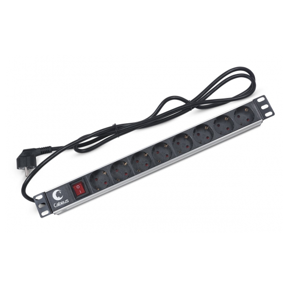 Cabeus PDU-8P-2EU Блок евророзеток для 19" шкафов, горизонтальный, 8 розеток, 16 A, выключатель, шнур 2м, алюминиевый корпус, немецкий стандарт