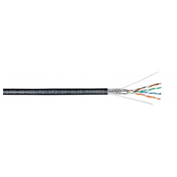 Cabeus SFTP-4P-Cat.5e-SOLID-OUT-LSZH-UV Кабель витая пара экранированная SFTP (SF/UTP), категория 5e, 4 пары 0,51мм (24 AWG), одножильный, для внешней прокладки (305 м)