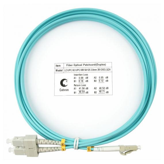 Cabeus FOP-50-LC-SC-3m Шнур оптический duplex LC-SC 50/125 mm OM3 3м LSZH