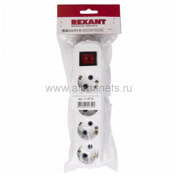 11-8716 Колодка 4 гнезда с кнопкой c заземлением Rexant