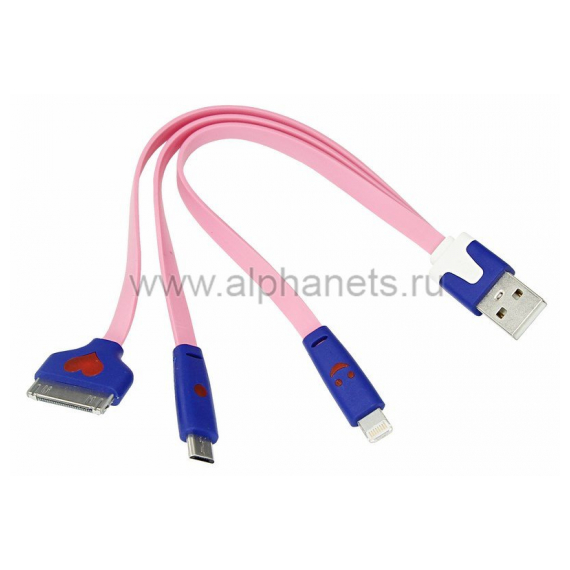 18-4251 USB кабель 3 в 1 светящиеся разъемы для iPhone 5/4/microUSB шнур 0.15М розовый