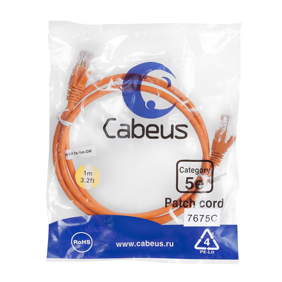 Cabeus PC-UTP-RJ45-Cat.5e-1m-OR-LSZH Патч-корд U/UTP, категория 5е, 2xRJ45/8p8c, неэкранированный, оранжевый, LSZH, 1м