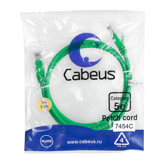 Cabeus PC-UTP-RJ45-Cat.5e-1m-GN-LSZH Патч-корд U/UTP, категория 5е, 2xRJ45/8p8c, неэкранированный, зеленый, LSZH, 1м