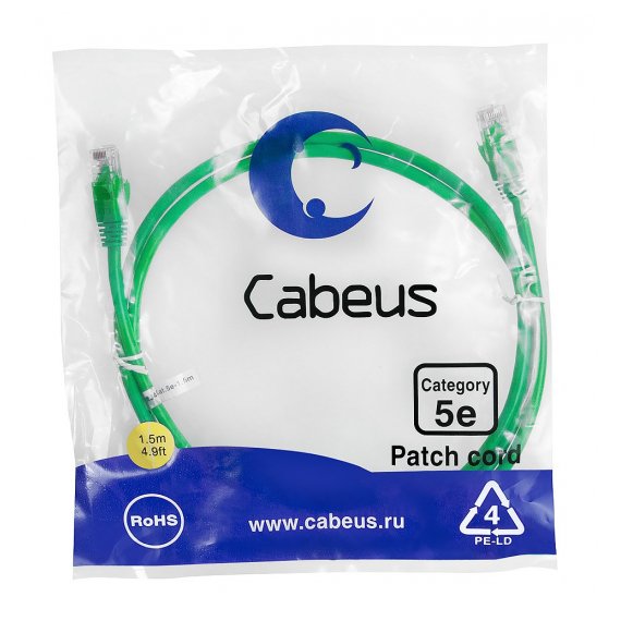 Cabeus PC-UTP-RJ45-Cat.5e-1.5m-GN-LSZH Патч-корд U/UTP, категория 5е, 2xRJ45/8p8c, неэкранированный, зеленый, LSZH, 1.5м