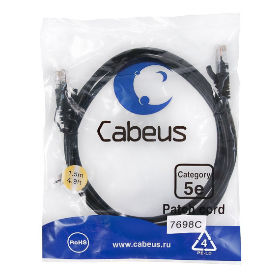 Cabeus PC-UTP-RJ45-Cat.5e-1.5m-BK-LSZH Патч-корд U/UTP, категория 5е, 2xRJ45/8p8c, неэкранированный, черный, LSZH, 1.5м