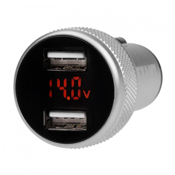 18-1947 Автозарядка в прикуриватель 2хUSB с дисплеем (АЗУ) (1000+2100 mA) серебристая REXANT