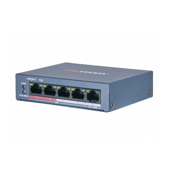 Hikvision DS-3E0105P-E/M(B) Коммутатор, 4 RJ45 100M PoE с грозозащитой 6кВ; 1 Uplink порт 100М Ethernet: бюджет PoE 35Вт
