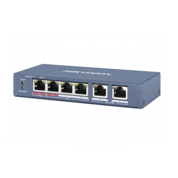 Hikvision DS-3E0106HP-E Коммутатор, 4 RJ45 100M PoE с грозозащитой 6кВ; 2 Uplink порт 10/100M Ethernet: 802.3af/at/bt,1 порт поддерживает HiPoE 60Вт; бюджет PoE 60Вт