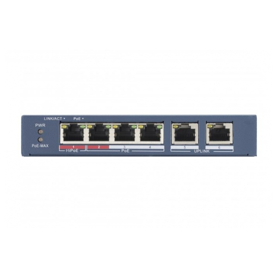 Hikvision DS-3E0106HP-E Коммутатор, 4 RJ45 100M PoE с грозозащитой 6кВ; 2 Uplink порт 10/100M Ethernet: 802.3af/at/bt,1 порт поддерживает HiPoE 60Вт; бюджет PoE 60Вт