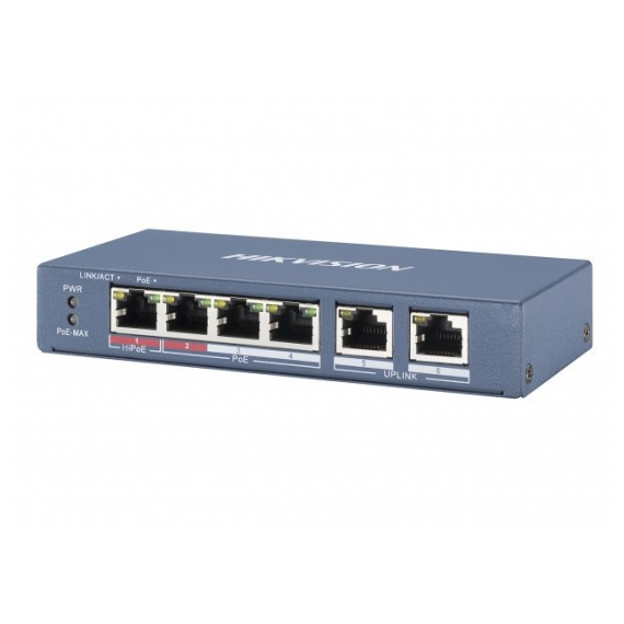 Hikvision DS-3E0106P-E/M Коммутатор, 4 RJ45 100M PoE с грозозащитой 6кВ; 2 Uplink порт 100М Ethernet: бюджет PoE 35Вт