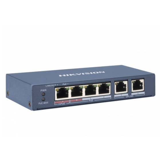 Hikvision DS-3E0106P-E/M Коммутатор, 4 RJ45 100M PoE с грозозащитой 6кВ; 2 Uplink порт 100М Ethernet: бюджет PoE 35Вт