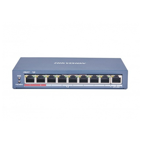 Hikvision DS-3E0109P-E(C) Коммутатор, 9 RJ45 100M PoE с грозозащитой 6кВ, 2 порт с высоким приоритетом; 1 Uplink порт 100М Ethernet; бюджет PoE 115Вт