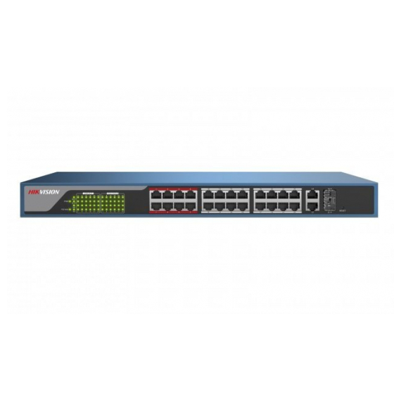 Hikvision DS-3E0326P-E/M(B) Коммутатор, 24 RJ45 100M PoE с грозозащитой 6кВ; 1 Uplink порт 1000М Ethernet; 1 Uplink порт 1000М SFP; бюджет PoE 230Вт
