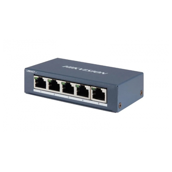 Hikvision DS-3E0505-E Коммутатор, 5 RJ45 1000M (8й-Uplink порт); таблица MAC адресов на 2000 записей; пропускная способность 16Гб/с; 5VDC, 1A; 0 °C...+40°C.