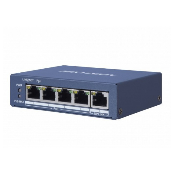 Hikvision DS-3E0505P-E Коммутатор неуправляемый, 4 RJ45 1000M PoE с грозозащитой 6кВ,1 Uplink порт 1000М Ethernet; 802.3af/at; бюджет PoE 60Вт