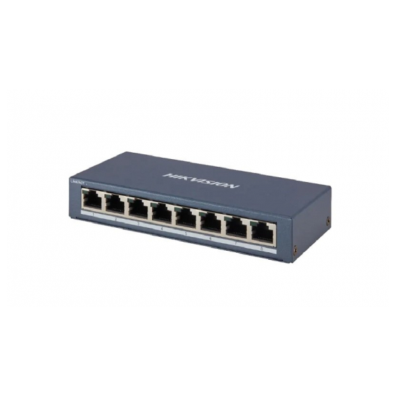 Hikvision DS-3E0508-E(B) Коммутатор, 8 RJ45 1000M (8й-Uplink порт); таблица MAC адресов на 4000 записей; пропускная способность 16Гб/с; 5VDC, 1A; 0 °C...+40°C.