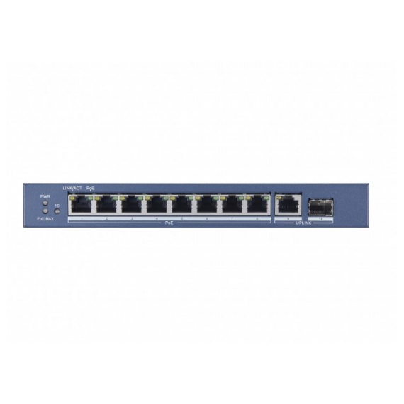 Hikvision DS-3E0510P-E Коммутатор неуправляемый, 8 RJ45 1000M PoE с грозозащитой 6кВ,1 Uplink порт 1000М Ethernet;1 1000М SFP uplink порта; 802.3af/at, бюджет PoE 110Вт