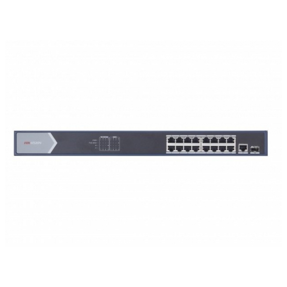 Hikvision DS-3E0518P-E Коммутатор неуправляемый, 16 RJ45 1000M PoE с грозозащитой 6кВ,1 Uplink порт 1000М Ethernet;1 1000М SFP uplink порта; 802.3af/at, бюджет PoE230Вт
