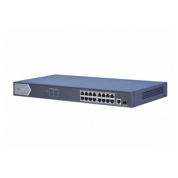 Hikvision DS-3E0518P-E Коммутатор неуправляемый, 16 RJ45 1000M PoE с грозозащитой 6кВ,1 Uplink порт 1000М Ethernet;1 1000М SFP uplink порта; 802.3af/at, бюджет PoE230Вт