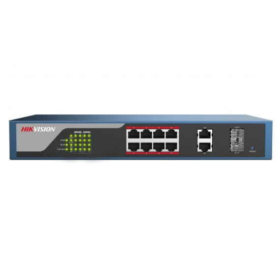 Hikvision DS-3E1310P-E Коммутатор, 8 RJ45 100M PoE с грозозащитой 4кВ, 1-8 порты с высоким приоритетом; 2 RJ45 1000M PoE; 2 1000М SFP порта