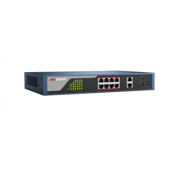 Hikvision DS-3E1310P-E Коммутатор, 8 RJ45 100M PoE с грозозащитой 4кВ, 1-8 порты с высоким приоритетом; 2 RJ45 1000M PoE; 2 1000М SFP порта
