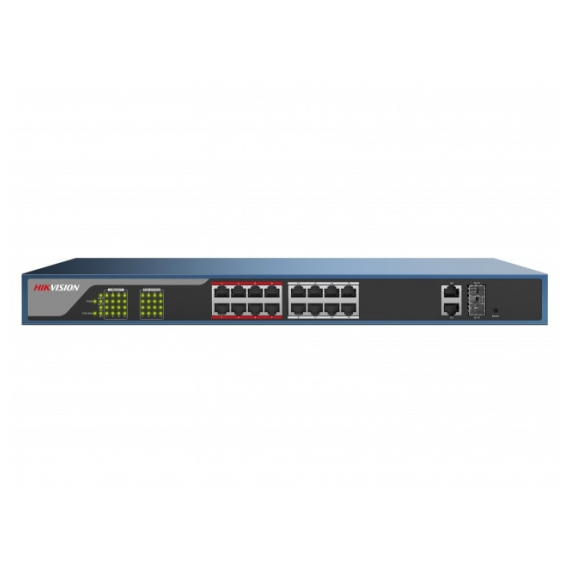 Hikvision DS-3E1318P-E Коммутатор, 16 RJ45 100M PoE с грозозащитой 4кВ, 1-8 порты с высоким приоритетом; 2 RJ45 1000M PoE; 2 1000М SFP порта