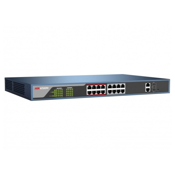Hikvision DS-3E1318P-E Коммутатор, 16 RJ45 100M PoE с грозозащитой 4кВ, 1-8 порты с высоким приоритетом; 2 RJ45 1000M PoE; 2 1000М SFP порта