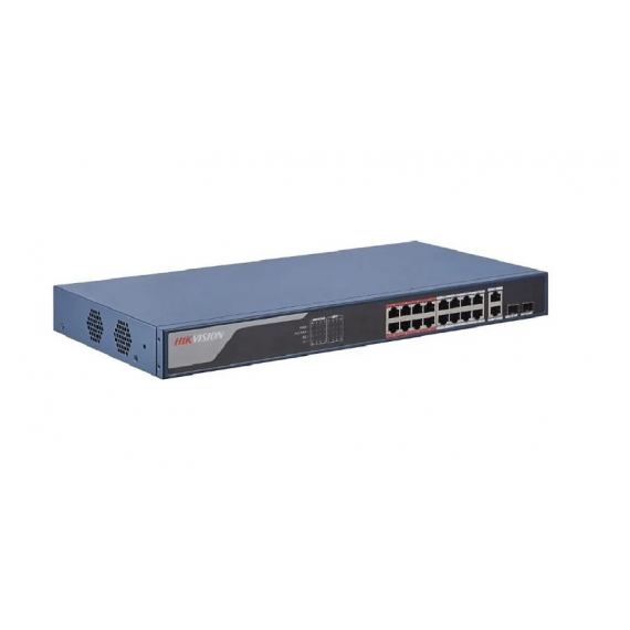Hikvision DS-3E1318P-EI L2, Смарт-управляемый коммутатор, 16 10/100M RJ45 PoE-порт, 2 1000M компо-порт, 802.3af/at, бюджет PoE 230Вт