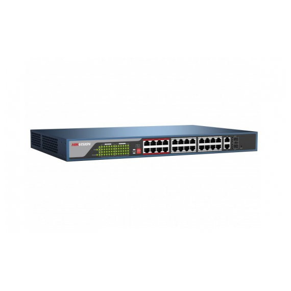 Hikvision DS-3E1326P-E Коммутатор, 24 RJ45 100M PoE с грозозащитой 4кВ, 1-8 порты с высоким приоритетом; 2 RJ45 1000M PoE; 2 1000М SFP порта