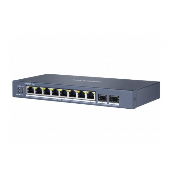 Hikvision DS-3E1510P-E Коммутатор, 8 RJ45 1000M PoE с грозозащитой 6кВ, 2 1000М SFP порта