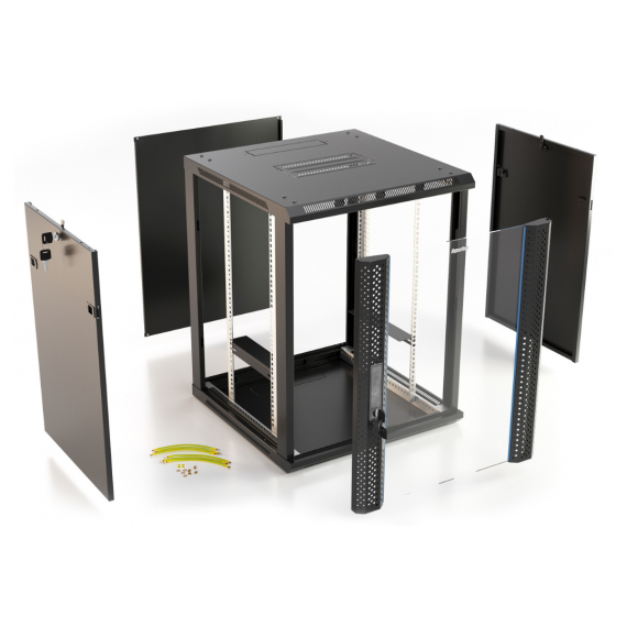 TWB-1868-SR-RAL9004 Шкаф настенный 19-дюймовый (19"), 18U, 908x600х800мм, металлическая передняя дверь с замком, две боковые панели, цвет черный (RAL 9004) (разобранный) Hyperline