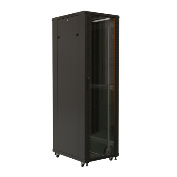 TTB-4566-DD-RAL9004 Шкаф напольный 19-дюймовый, 45U, 2188x600х600 мм (ВхШхГ), передняя и задняя распашные перфорированные двери (75%), ручка с замком, крыша нового типа, цвет черный (RAL 9004) (разобранный) Hyperline