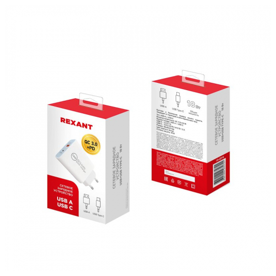 18-2216 Сетевое зарядное устройство REXANT USB-A+USB-C адаптер, 18W белое