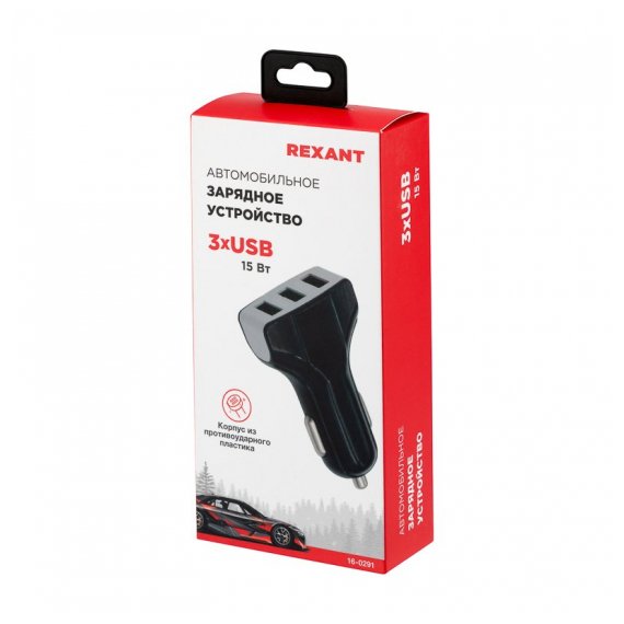 16-0291 Зарядное устройство в прикуриватель REXANT 3 x USB, 1000mA, черное