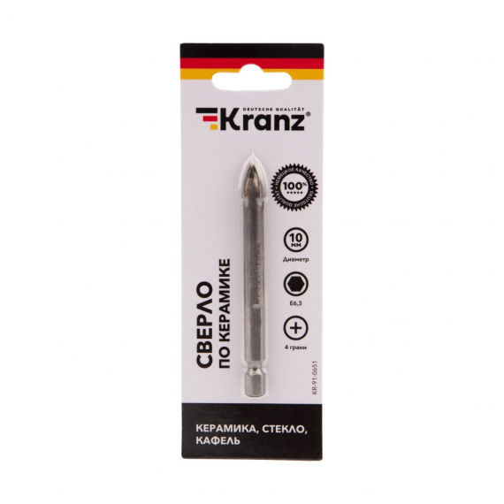 KR-91-0651 Сверло по стеклу и керамике10 мм 4 грани шестигранный хвостовик Kranz