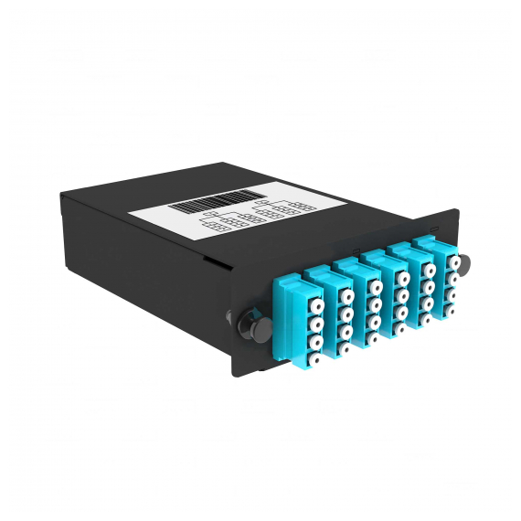 Cabeus FO-OM3-2x12MPO(m)/U-24xLC/U-A-BK Кассета кроссовая 2 разъема MPO/UPC (male) 50/125 OМ3, на 24 LC/UPС (6 QLC/UPC),В В черный