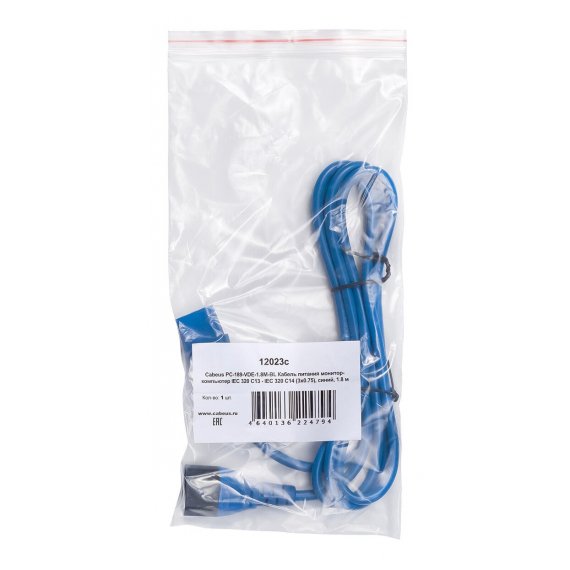 Cabeus PC-189-VDE-1.8M-BL Кабель питания монитор-компьютер IEC 320 C13 - IEC 320 C14 (3x0.75), синий, 1.8 м