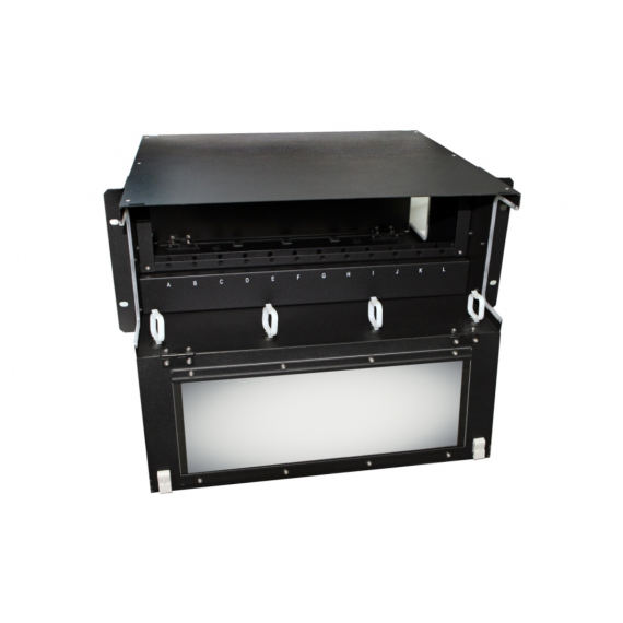 FO-19BX-4U-F2-12xSLT-W120H32-EMP Патч-панель 19” универсальная, пустой корпус, 4U, фиксированная рама вертикальная, 12 вертикальных слотов, вмещает 12 FPM панелей с адаптерами или 12 CSS оптических кассет 120х32 мм Hyperline