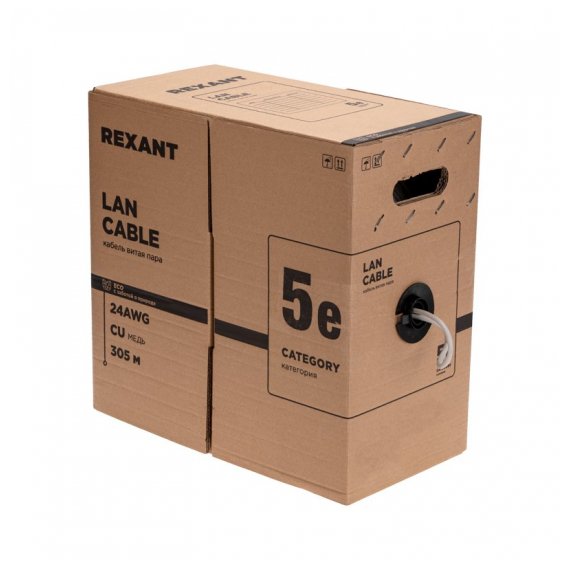 01-0043-R Кабель витая пара U/UTP, CAT 5e, PVC, 4PR, 24AWG, INDOOR, SOLID, серый, 305м, РФ REXANT