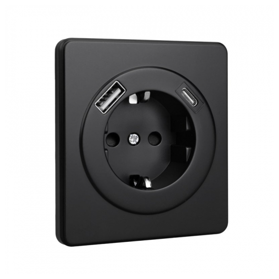 KR-78-0704-3 Розетка ROUND 1-ая с/з с/у з/ш 16А с USB A+C быстрой зарядки 5В/3А оникс KRANZ