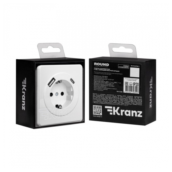 KR-78-0704-1 Розетка ROUND 1-ая с/з с/у з/ш 16А с USB A+C быстрой зарядки 5В/3А перламутр KRANZ